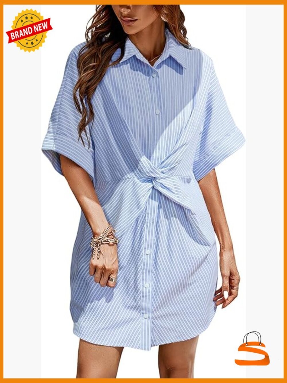 Striped Mini Shirt Dress Button Down Dolman Sleeve Collared Twist Knot